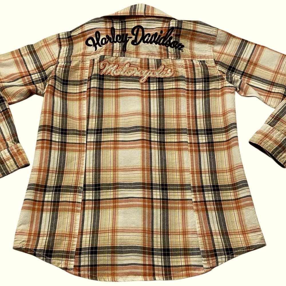 Harley Davidson child’s rhinestone button down black orange white plaid …